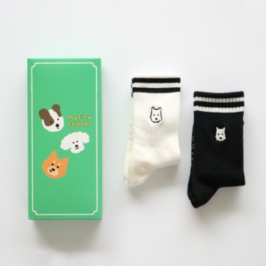 [ANKLE] WHITE BLACK PUPPY 2 pairs 1 SET